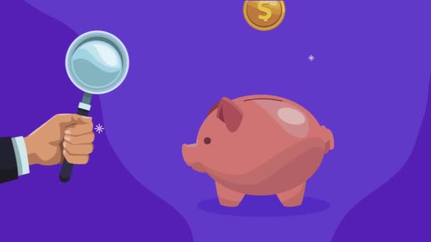 Münzen Geld Dollar und Schweinchen Animation — Stockvideo