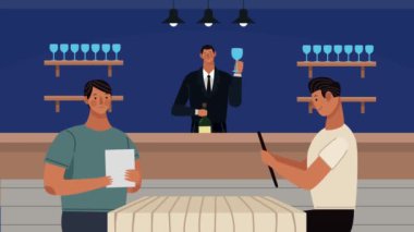 Garson animasyonlu erkekler restoranda