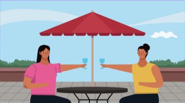 Restoran sahnesindeki kızlar animasyon