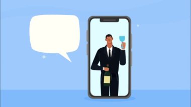 Garson elinde şarap şişesi ve akıllı telefonuyla