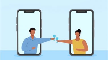 Akıllı telefon animasyonunda kadeh kaldıran çift