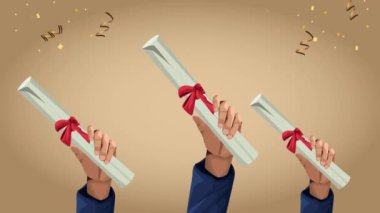 Mezuniyet töreni animasyonu, eller ve diplomalarla