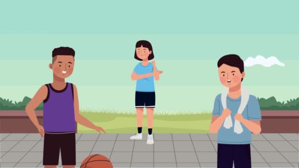 Трое спортсменов занимаются спортивной анимацией — стоковое видео