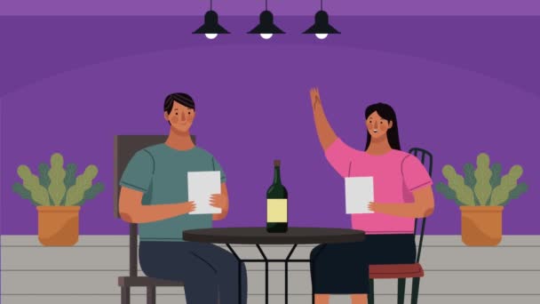Lovers in restaurant scene animation — Stock Video