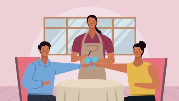 Couple in restaurant with waiter animation — Stock Video