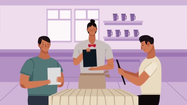 Hommes au restaurant avec animation serveur — Video