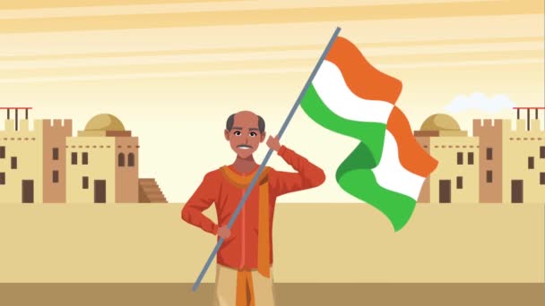 印度的庆祝日，男人挥动国旗 — 图库视频影像