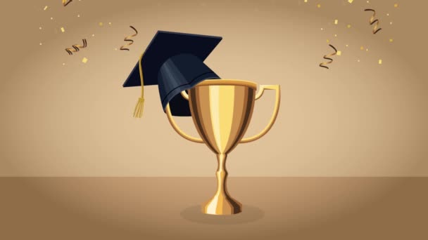 Animazione di celebrazione di laurea con cappello in trofeo — Video Stock