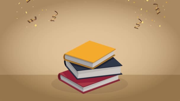 Apilar libros escolares y confeti — Vídeo de stock