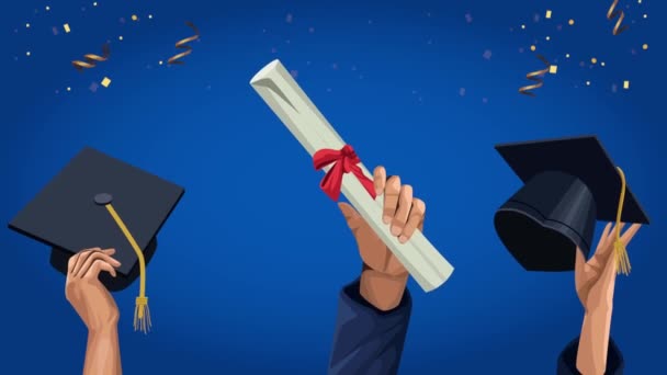 Animación celebración de la graduación con sombreros y diploma — Vídeos de Stock
