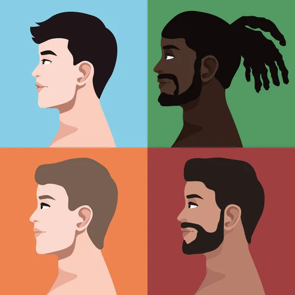 Four male faces profiles — Stock Vector