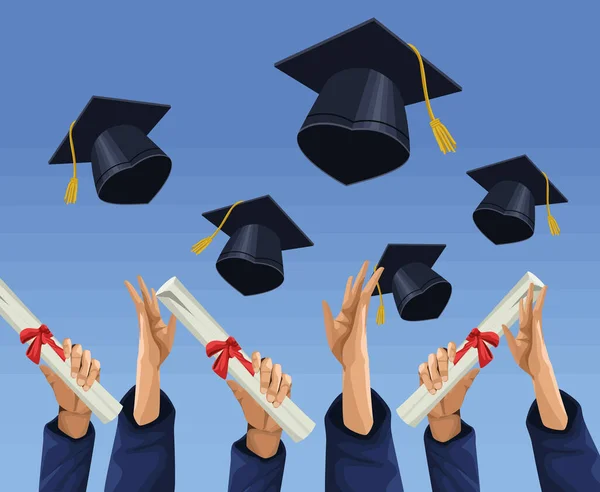 Graduados comemorando com chapéus — Vetor de Stock