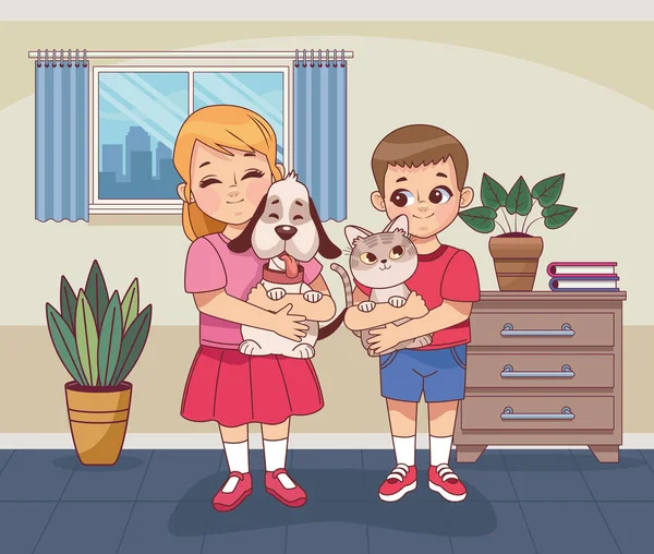 Niños pequeños pareja con mascotas — Vector de stock