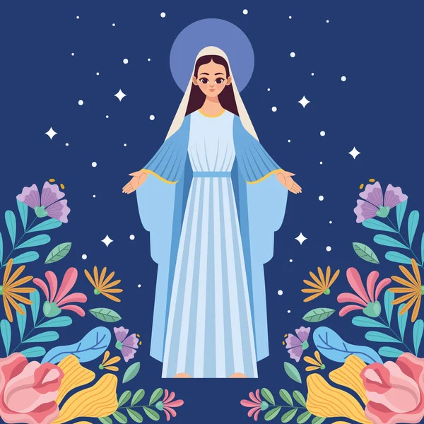 Virgen María azul y flores — Vector de stock