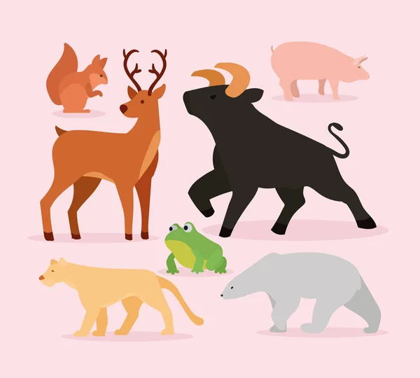 Zeven Wilde Dieren Set Pictogrammen — Stockvector