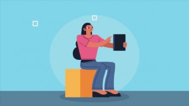 Tablet aygıt animasyonu kullanan kadın, 4k video animasyonu