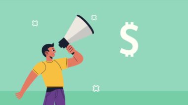 Adam megafon aygıtı animasyonu kullanıyor, 4k video animasyonu