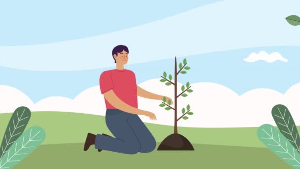Manlig Ekolog Plantering Träd Animation Video Animerad — Stockvideo