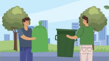 Çöp animasyonlu erkek ekologlar, 4k video animasyonu