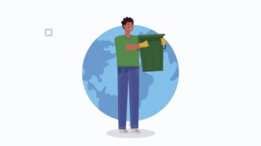 Çöp kutusu animasyonlu erkek ekolojist, 4k video animasyonu