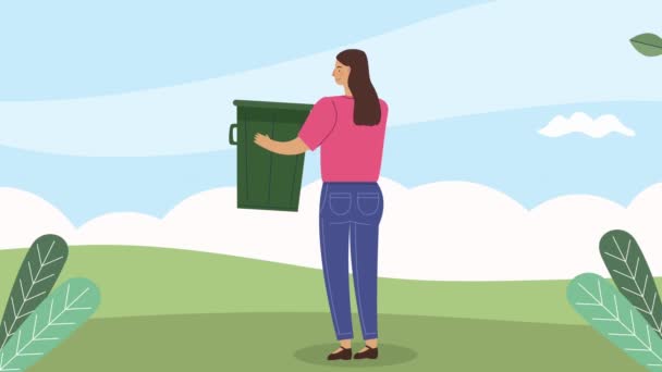 Female Ecologist Garbage Bin Animation Video Animated — Stock Video