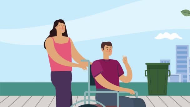 Deficiente Homem Cadeira Rodas Com Ajudante Vídeo Animado — Vídeo de Stock