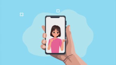 Akıllı telefon animasyonundaki genç kız, 4k video animasyonu