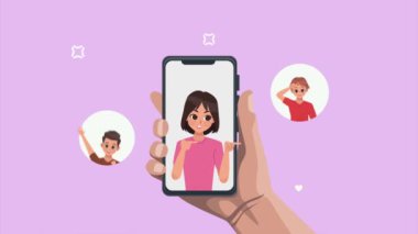 Akıllı telefondaki bir grup genç arkadaş, 4K video animasyon.