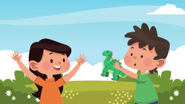 幸せな小さな子供たちはおもちゃで遊んでいます4Kビデオアニメ — ストック動画