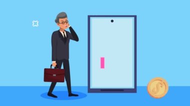 Akıllı telefonu ve para animasyonu olan iş adamı, 4k video animasyonu