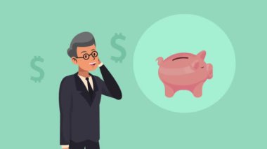 Akıllı telefon ve domuz animasyonu kullanan bir adam, 4k video animasyonu