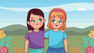Sevimli küçük kız öğrenci karakterleri, 4k video animasyonu