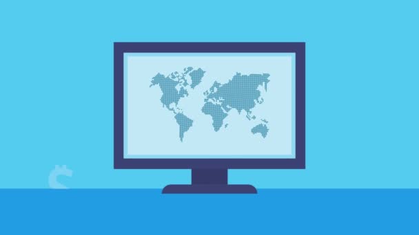 デスクトップと地球の地図4Kビデオアニメーション — ストック動画