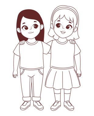 Küçük kızlar birbirini kucaklayan karakterler.