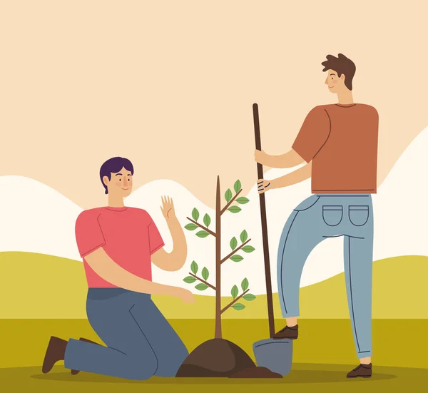 Ecologen Mannen Planten Boom Vrijwilligerswerk Personages — Stockvector