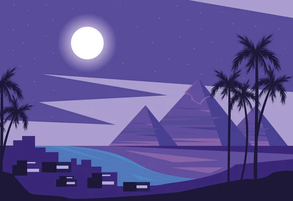 Egyptian Pyramids Night Time Scene — Stockvector