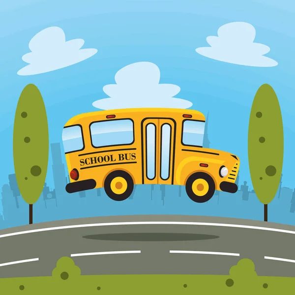 Autobús Escolar Saltando Escena Del Camino — Vector de stock