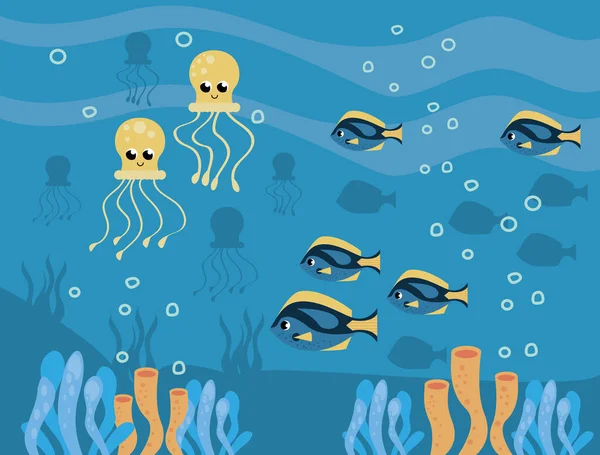 Fishes Sealife Underwater Ocean Scene — Stock vektor