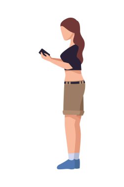 Akıllı telefon karakteri kullanan genç kadın.
