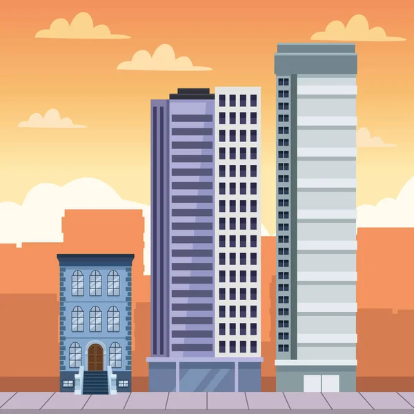 Three Buildings Cityscape Scene — Vector de stock
