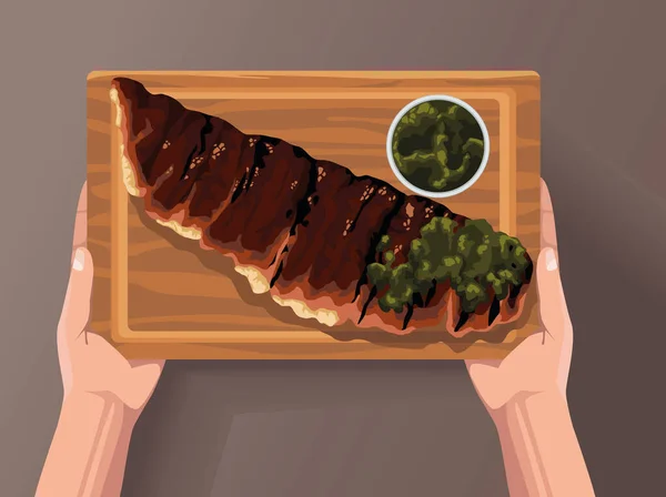 船上食物中放肉的手 — 图库矢量图片