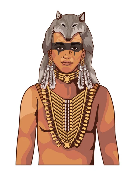 Male Native Wearing Fox Hat Character — Stockvector