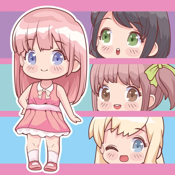 Group Little Girls Anime Characters - Stok Vektor