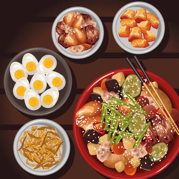 Five Japanese Food Set Plates — Vector de stock