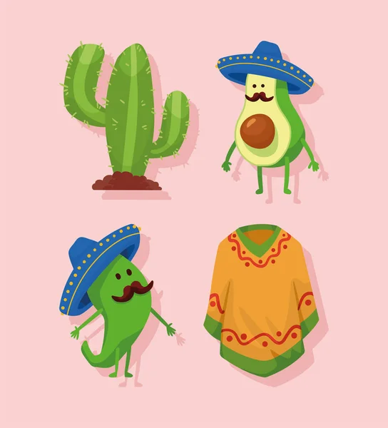 Quatre Icônes Culture Mexicaine Ensemble — Image vectorielle