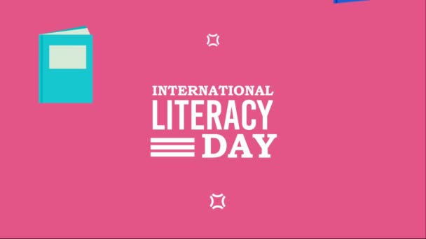 Happy Literacy Day Lettering Books Video Animated — Vídeo de Stock