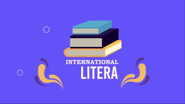 Happy Literacy Day Lettering Pile Books Video Animated — Vídeos de Stock