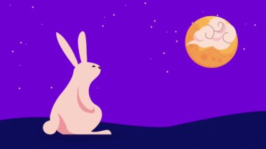 Gece sahnesindeki sevimli tavşan, 4k video animasyonu.