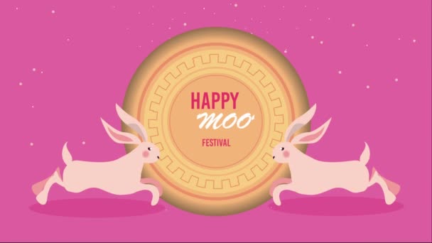 Happy Moon Festival Lettering Rabbits Video Animated — Video Stock