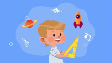 little student boy with supplies , 4k video animated